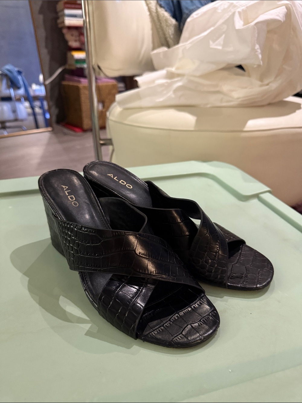 ALDO Black Croc-Embossed Slide Wedge Sandals